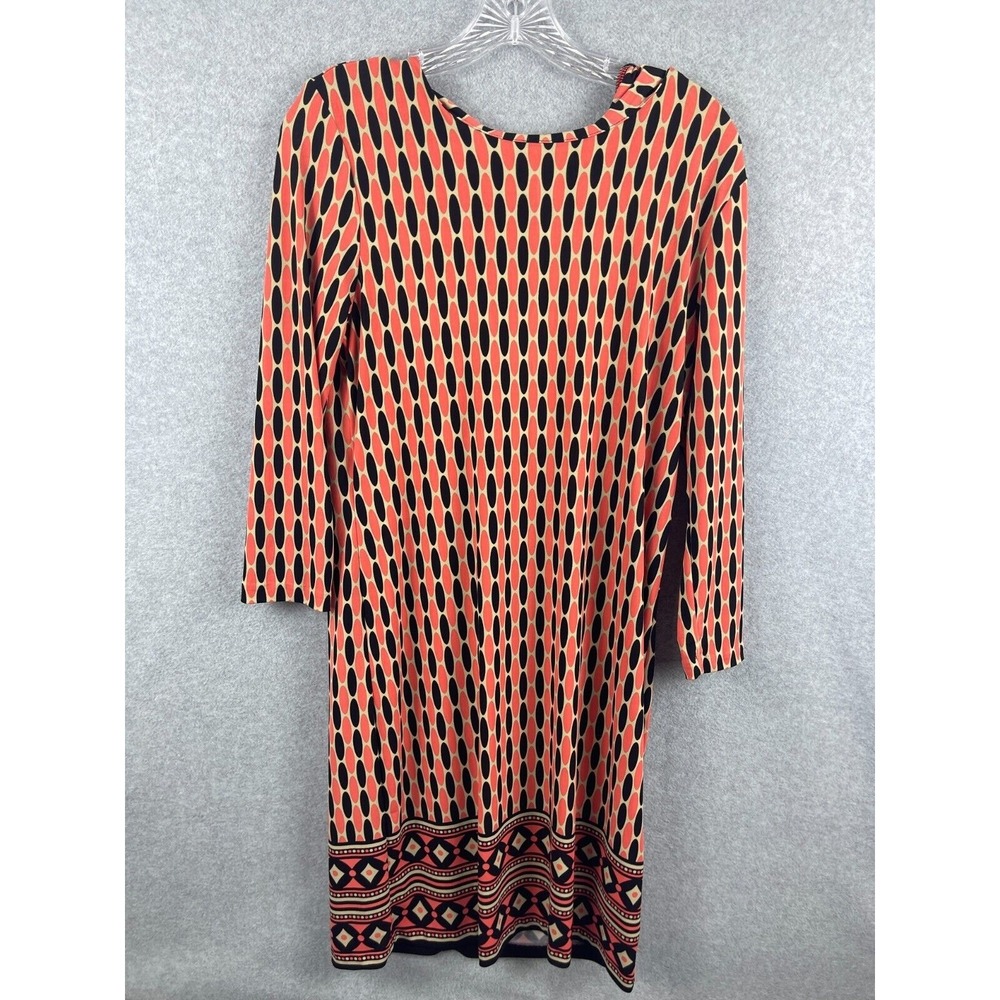 MICHAEL KORS Dress M Coral Black Shift Back Exposed Zipper Long Sleeve Career